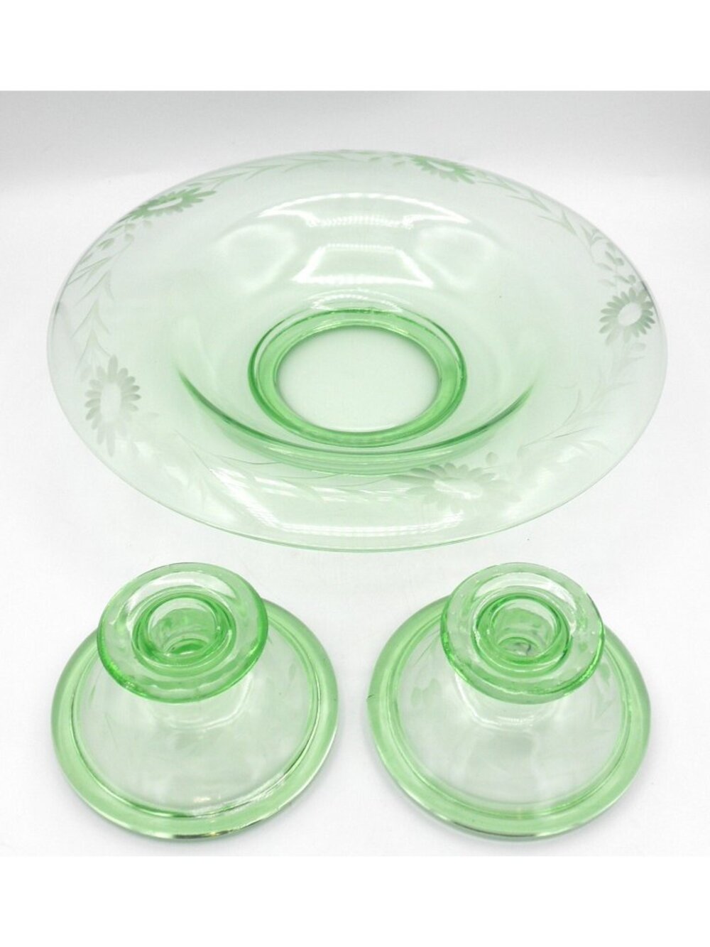 Etched Green Depression Glass Rolled Edge Console Bowl 2 Matching Candle Holders